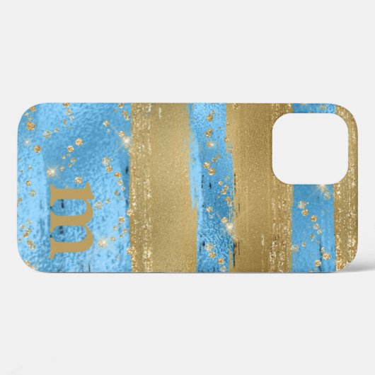 Blauw Goud Glitter Monogram Initiaal Case-Mate iPhone Case (Achterkant (horizontaal))