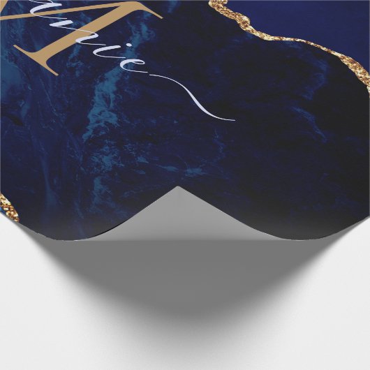Blauw Goud Glitter Monogram Naam Wrapping Paper Cadeaupapier (Hoek)