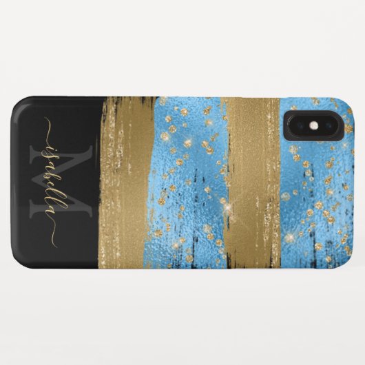 Blauw Goud Glitter Script Monogram Case-Mate iPhone Case (Achterkant (horizontaal))