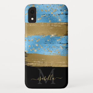 Blauw Goud Glitter Script Monogram iPhone XR Hoesje
