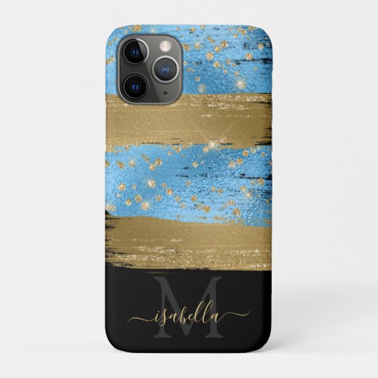 Blauw Goud Glitter Script Monogrammed Case-Mate iPhone Case (Achterkant)