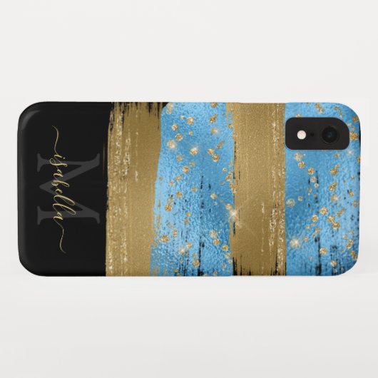 Blauw Goud Glitter Script Monogrammed Case-Mate iPhone Case (Achterkant (horizontaal))