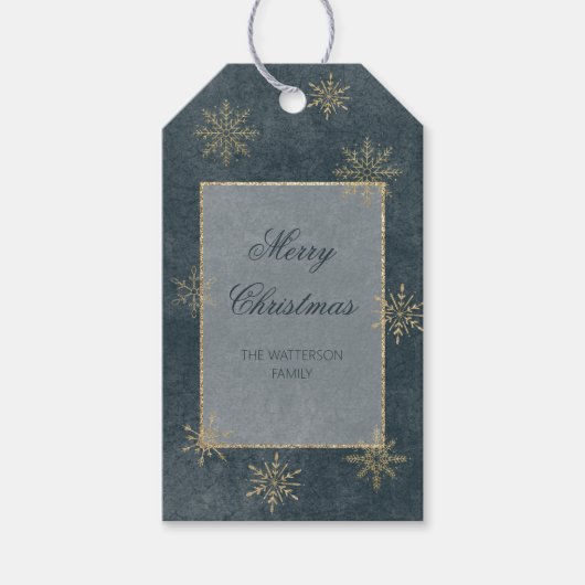 Blauw & Goud Glitter Sneeuwvlokken Cadeaulabel (Voorkant)