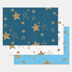 Blauw Goud Glitter Sterren Inpakpapier Vel