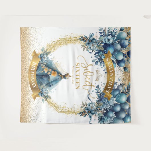 Blauw Goud Glitter Sweet 16 Waterverf Feest Banner Wandkleed (Voorkant (horizontaal))