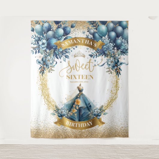 Blauw Goud Glitter Sweet 16 Waterverf Feest Banner Wandkleed (Voorkant)