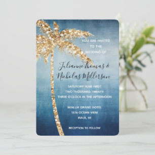 Blauw Goud Glitter Tropische Palm Tree Wedding Kaart