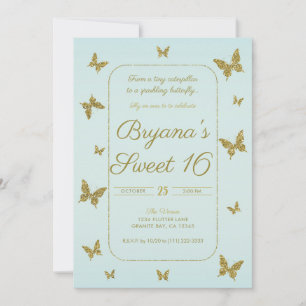 Blauw & Goud Glitter Vlinder Sweet 16 Feestje Kaart