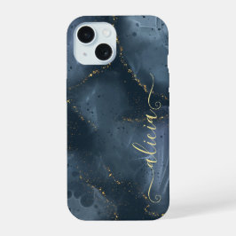 Blauw Goud Handgeschilderde Alcoholinkt iPhone 15 Hoesje