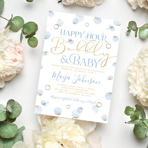 Blauw Goud Happy Hour Bubble en Baby shower Kaart