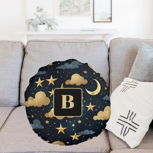 Blauw goud hemelpatroon maan sterren monogram rond kussen
