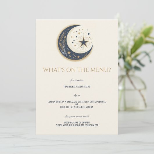 Blauw & Goud Hemelse Bruiloft Menu (Staand voorkant)