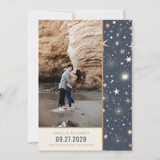 Blauw & Goud Hemelse Bruiloft Save The Date (Voorkant)