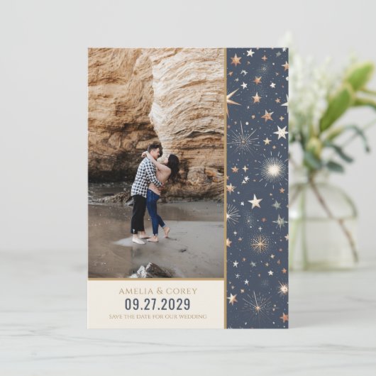 Blauw & Goud Hemelse Bruiloft Save The Date (Staand voorkant)