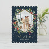 Blauw Goud Holly Krans Foto Vrolijk Kerstfeest Kaa Feestdagenkaart (Staand voorkant)