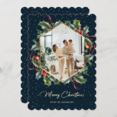 Blauw Goud Holly Krans Foto Vrolijk Kerstfeest Kaa Feestdagenkaart (Voorkant / Achterkant)