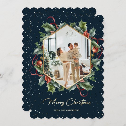 Blauw Goud Holly Krans Foto Vrolijk Kerstfeest Kaa Feestdagenkaart (Voorkant / Achterkant)