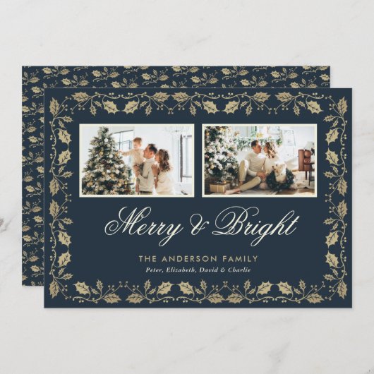 Blauw Goud Holly Vrolijk en Helder Foto Feestdagenkaart (Voorkant / Achterkant)