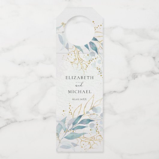 Blauw Goud (Imiteer) Waterverf Bruiloft Collectie Flessenhanger (Voorkant)