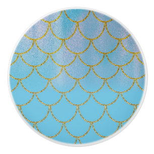 Blauw & Goud Iriserend Glanzende Zeemeermin Schubb Keramische Knop