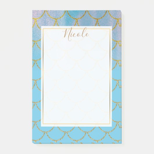 Blauw & Goud Iriserende Glanzende Zeemeermin Schub Post-it® Notes (Voorkant)