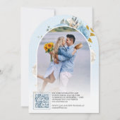 Blauw Goud Ivoor Bloemen Rozen QR Code Foto Huweli Kaart (Achterkant)