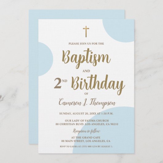 Blauw Goud Jongen Doop 2e Verjaardag Uitnodiging (Voorkant / Achterkant)