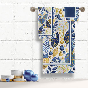 Blauw Goud Kerstmis Vrolijk Patroon#21 ID1009 Bad Handdoek
