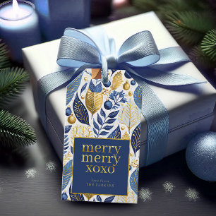 Blauw Goud Kerstmis Vrolijk Patroon#21 ID1009 Cadeaulabel