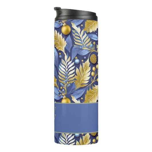 Blauw Goud Kerstmis Vrolijk Patroon#22 ID1009 Thermosbeker (Geroteerd rechts)