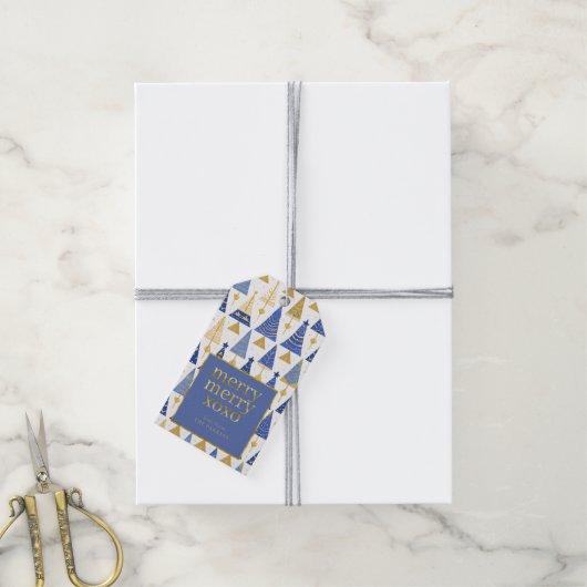Blauw Goud Kerstmis Vrolijk Patroon#25 ID1009 Cadeaulabel (Met Touw)