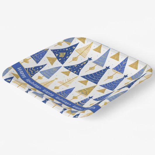 Blauw Goud Kerstmis Vrolijk Patroon#25 ID1009 Papieren Bordje (Gebogen)