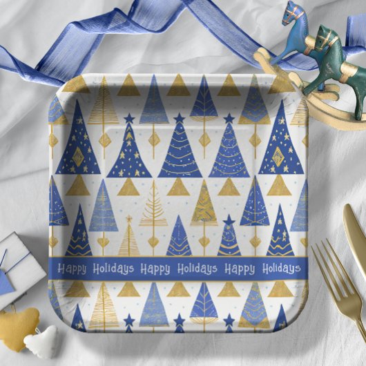 Blauw Goud Kerstmis Vrolijk Patroon#25 ID1009 Papieren Bordje