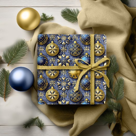 Blauw Goud Kerstmispatroon#20 ID1009 Cadeaupapier
