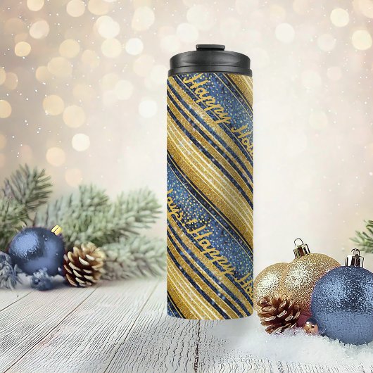 Blauw Goud Kerstmispatroon#28 ID1009 Thermosbeker