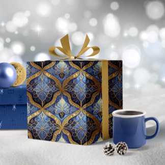 Blauw Goud Kerstmispatroon#31 ID1009 Cadeaupapier