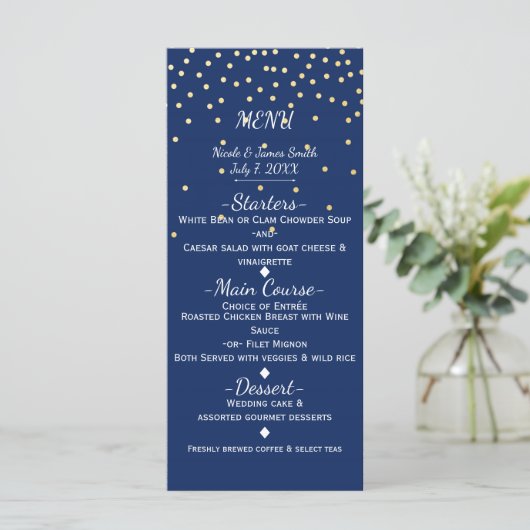 Blauw & Goud Klein Confetti Bruiloft Menu Kaart (Staand voorkant)