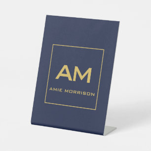 Blauw Goud Kleuren Monogram Initiele Letters Naam Reclamebord Met Voetstuk