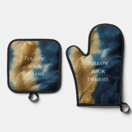 Blauw Goud Koeienhuid Ovenwant & Pannenlap Set