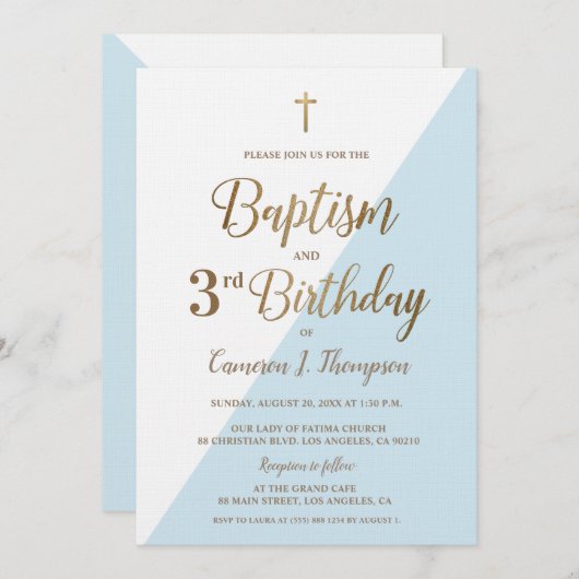 Blauw Goud Kruis Doop 3e Verjaardag Uitnodiging (Voorkant / Achterkant)