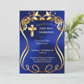 Blauw Goud Kruis Elegante Eerste Communie Kaart (Staand voorkant)