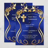 Blauw Goud Kruis Elegante Eerste Communie Kaart (Voorkant / Achterkant)