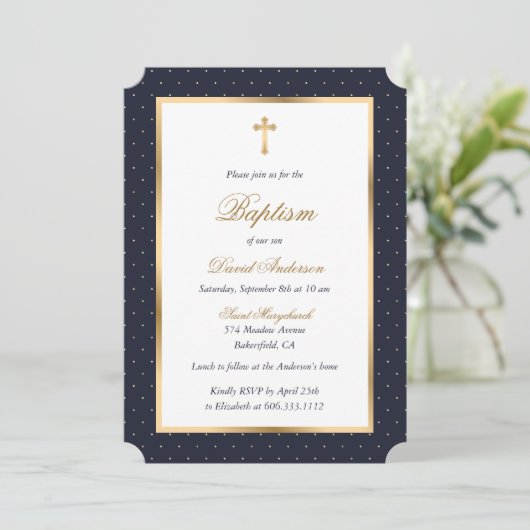 Blauw Goud Kruis Polka Dots Elegant Script Doop Kaart (Staand voorkant)