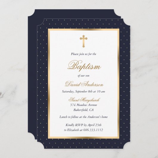 Blauw Goud Kruis Polka Dots Elegant Script Doop Kaart (Voorkant / Achterkant)
