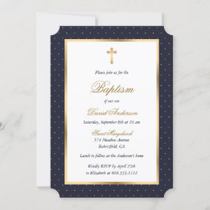 Blauw Goud Kruis Polka Dots Elegant Script Doop Kaart