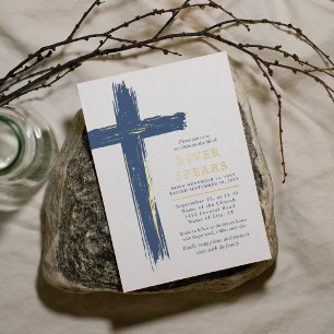 Blauw & Goud Kwaststreep Kruis Rouw Herdenkingsdie Folie Uitnodiging