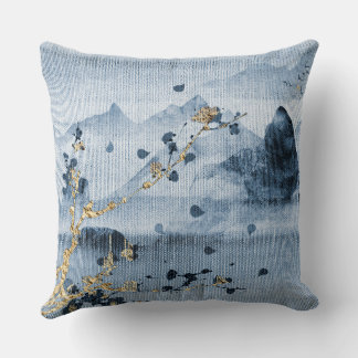 Blauw Goud Landschap Weefsel Getextureerd Kussen
