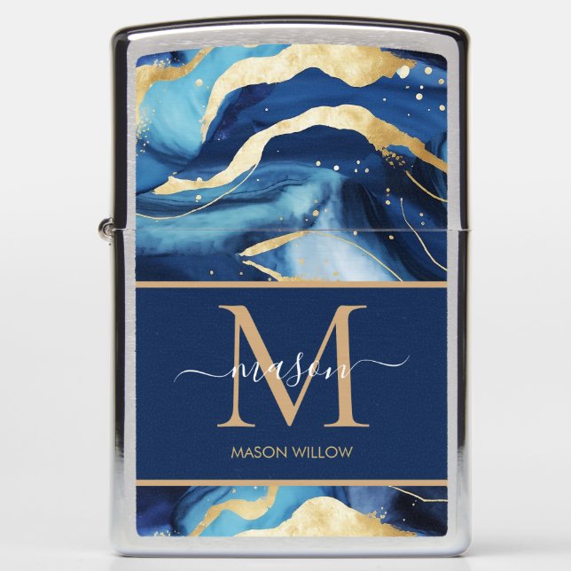 Blauw Goud Mable Moderne Monogram Script Naam (Voorkant)