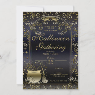Blauw Goud Magische Whimsical Halloween Party Kaart