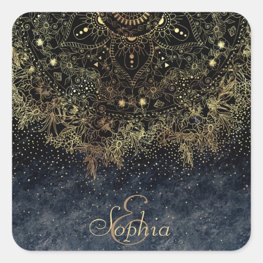 Blauw Goud Mandala Bloemen Vierkante Sticker (Voorkant)